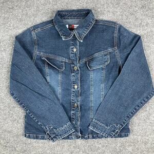 Live A Little Jean Jacket Womens Size PL Blue Stretch Denim Button Up Casual